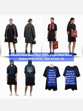 KENZO Paris Navy Blue 100% Virgin Wool Short Sleeve Shift Dress Size 44 (US 12)